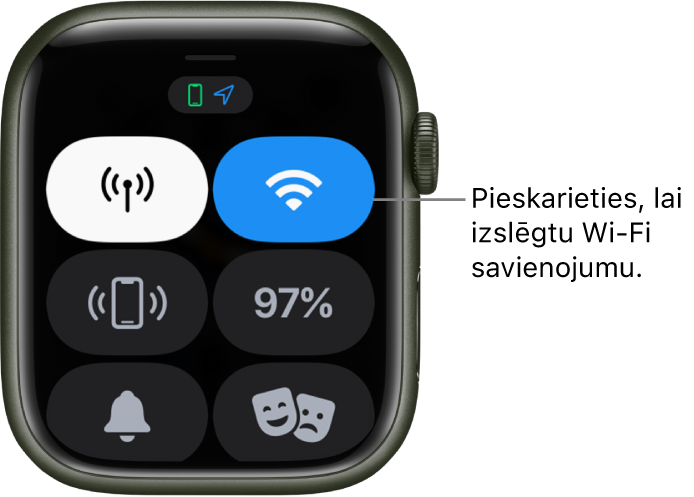 Apple Watch (GPS + Cellular) pulksteņa izvēlne Control Center, kura augšējā labajā stūrī ir poga Wi-Fi. Attēlam ir remarka “Pieskarieties, lai atvienotos no Wi-Fi tīkla”.