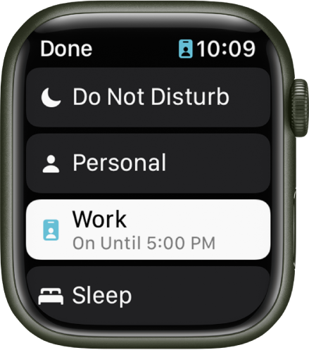 Sarakstā Focus redzams Do Not Disturb, Personal, Work un Sleep. Ir aktivizēts režīms Work Focus.