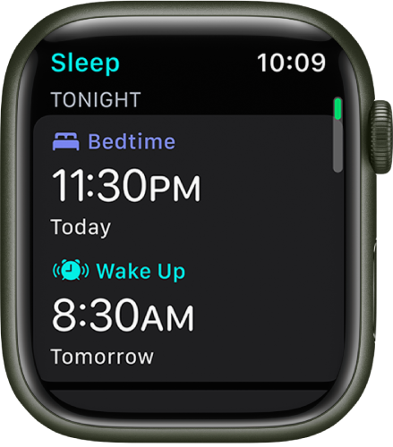 Lietotne Sleep Apple Watch pulkstenī, kurā redzams vakara miega grafiks. Augšā tiek rādīts gulētiešanas laiks, zem tā redzams Wake Up laiks.