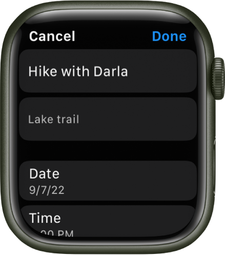 Ekrāns Edit Apple Watch lietotnē Reminders. Augšā ir atgādinājuma nosaukums, zem tā apraksts. Apakšā ir atgādinājuma parādīšanas datums un laiks. Augšējā labajā stūrī ir poga Done.