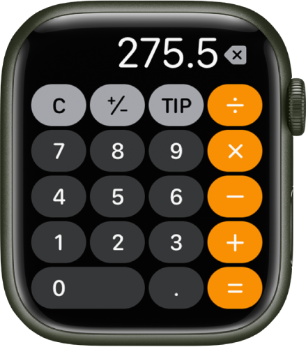 Apple Watch pulkstenis, kurā ir redzama lietotne Calculator. Ekrānā ir parādīta tipiska ciparu tastatūra, kuras labajā malā ir matemātiskās funkcijas. Augšējā rindā ir poga C, plusa vai mīnusa poga un dzeramnaudas aprēķina poga.