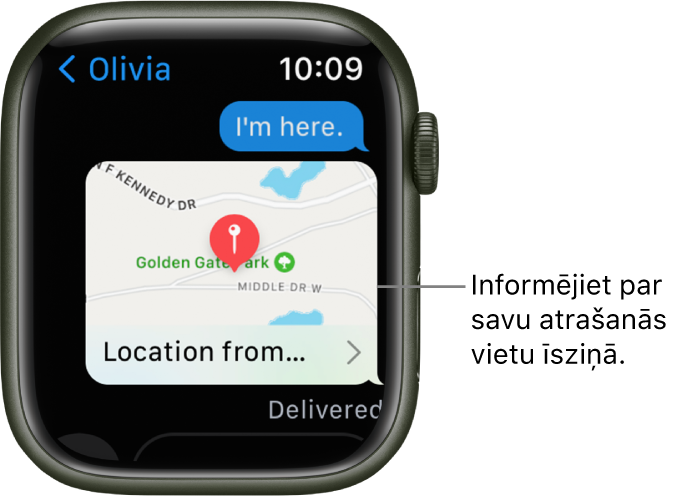 Messages ekrāns, kurā redzama karte ar sūtītāja atrašanās vietu.