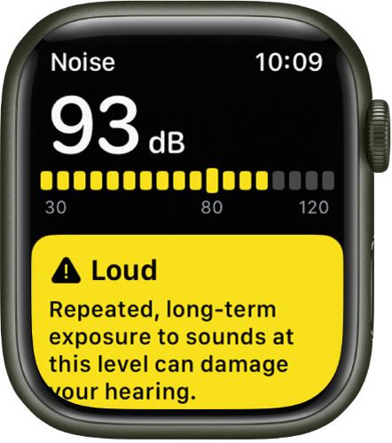 Lietotnes Noise paziņojums par 93 decibelu skaņas līmeni. Zemāk ir redzams brīdinājums par ilgtermiņa pakļaušanu šādam skaņas līmenim.