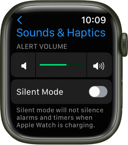 Apple Watch iestatījumu ekrāns Sounds & Haptics, kura augšdaļā atrodas slīdnis Alert Volume, bet zem tā ir slēdzis Silent Mode.