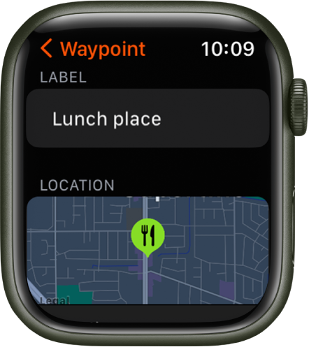 Lietotnē Compass redzams pieturvietu rediģēšanas ekrāns. Augšā ir lauks Label. Zem tā ir zona Location, kurā redzama pieturvietas atrašanās vieta kartē. Pieturvietai ir pievienots ēdināšanas simbols.