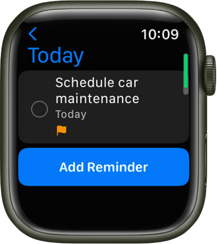 Lietotnes Reminders ekrānā redzams atgādinājums sarakstā Today. Atgādfinājums ir ekrāna augšdaļā, un zem tā ir poga Add Reminder.