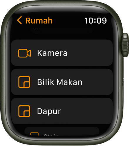 App Rumah menunjukkan senarai rumah yang menyertakan kamera dan dua bilik.