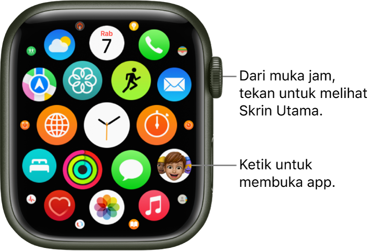 Skrin Utama dalam paparan grid pada Apple Watch, dengan app dalam kelompok. Ketik app untuk membukanya. Seret untuk melihat lebih banyak app.