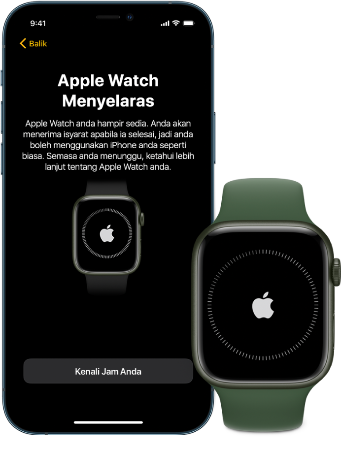 iPhone dan Apple Watch menunjukkan skrin penyelarasannya.