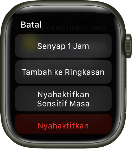 Seting pemberitahuan pada Apple Watch. Butang atas tertera "Senyapkan 1 Jam”. Di bawah ialah butang untuk Tambah pada Ringkasan, Nyahaktifkan Sensitif Masa dan Nyahaktifkan.