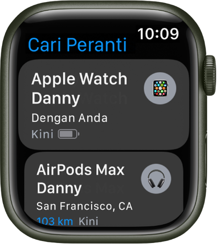 App Cari Peranti menunjukkan dua peranti—Apple Watch dan AirPods.