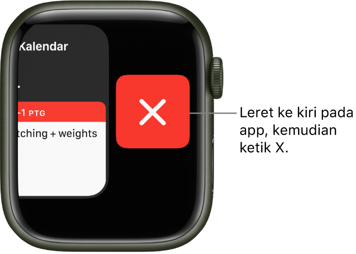 Dok selepas anda leret ke kiri pada app, dengan butang X di bahagian kanan.