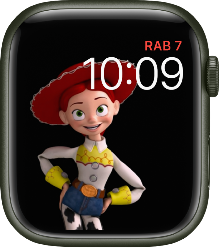 Muka jam Toy Story menunjukkan hari, tarikh dan masa di sebelah kanan atas dan Jessie dianimasikan di sebelah kiri skrin.