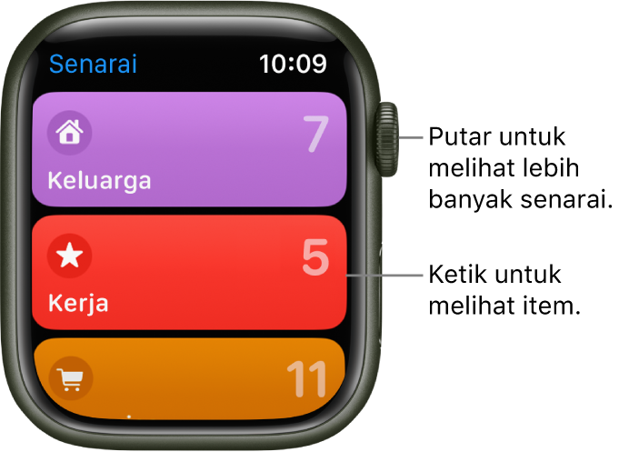 Skrin Senarai app Peringatan menunjukkan tiga butang senarai—Keluarga, Kerja dan Beli-Belah. Nombor di sebelah kanan memaklumkan anda jumlah peringatan dalam setiap senarai. Ketik senarai untuk melihat item di dalamnya, atau putar Digital Crown untuk melihat lebih senarai.