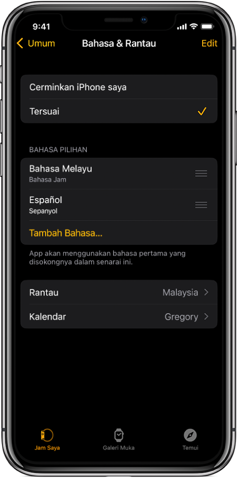 Skrin Bahasa dan Rantau dalam app Apple Watch, dengan Bahasa Inggeris dan Bahasa Sepanyol kelihatan di bawah Bahasa Pilihan.