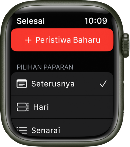 App Kalendar menunjukkan butang Peristiwa Baharu di bahagian atas dan tiga pilihan paparan di bawah—Seterusnya, Hari atau Senarai.