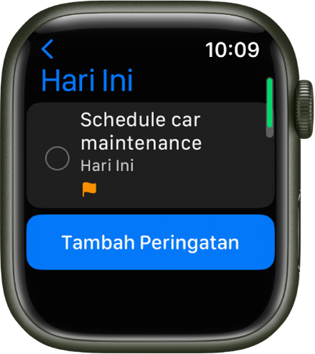 App Peringatan menunjukkan peringatan dalam senarai Hari Ini. Peringatan berada berhampiran bahagian atas skrin dan butang Tambah Peringatan di bahagian bawah.