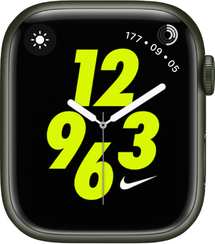 Muka jam Nike Analog dengan komplikasi Keadaan Cuaca di bahagian kiri atas dan komplikasi Aktiviti di kanan atas. Di bahagian tengah ialah muka jam analog.