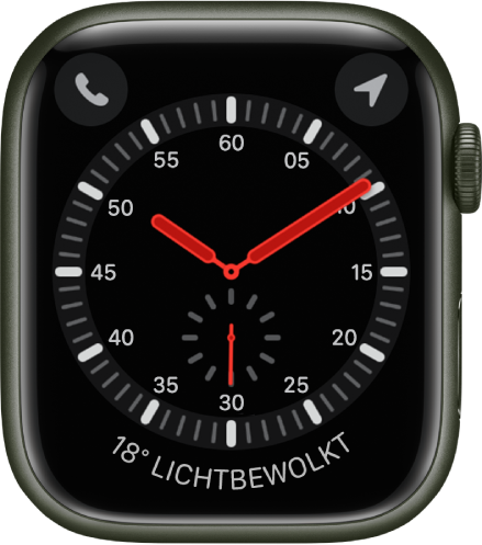 De wijzerplaat Verkenner is een analoge klok. Er worden drie complicaties weergegeven: Linksboven Telefoon, rechtsboven Kompas en Weer onderin.