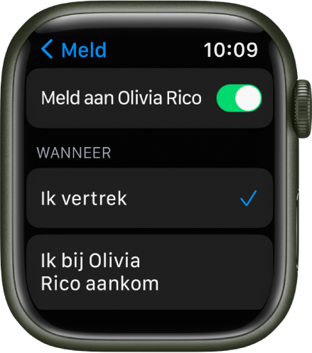 Het Meld-scherm in de Zoek personen-app. 'Wanneer ik vertrek' is geselecteerd.