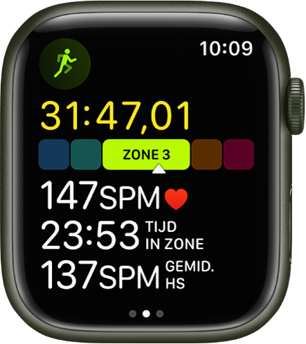 De Work-out-app, met een work-out 'Buiten hardlopen' die aan de gang is. Op het scherm staat een lijst met analysegegevens. In de lijst zie je de verstreken tijd, hartslagzones, hartslag, tijd in zone en gemiddelde hartslag.