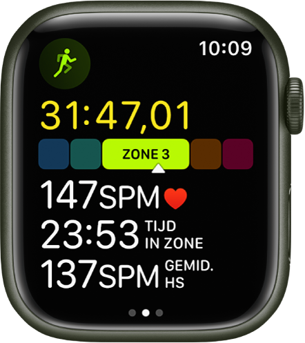 Een hardloopwork-out waarbij de verstreken tijd, de huidige zone, je hartslag, de tijd in de zone en je gemiddelde hartslag worden weergegeven.