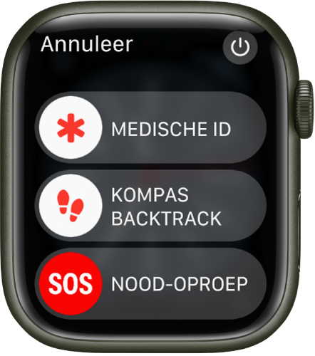 Het scherm van de Apple Watch met drie schuifknoppen: 'Medische ID', 'Backtrack via kompas' en 'Noodoproep'. Rechtsbovenin bevindt zich de aan/uit-knop.