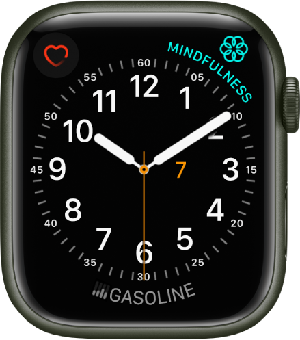 De wijzerplaat Handig, waarvan je de kleur van de secondewijzer en de cijfers en het detailniveau van de klok kunt aanpassen. Er worden drie complicaties weergegeven: Linksboven Hartslag, rechtsboven Mindfulness en Muziek onderin.