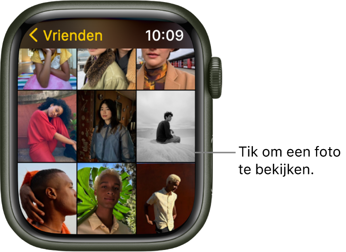 Het hoofdscherm van de Foto's-app op de Apple Watch, met verschillende foto's in een raster.