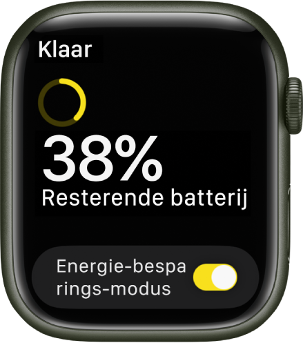 Op het energiebesparingsmodusscherm is een gedeeltelijk gevulde gele ring te zien, die aangeeft tot hoever de batterij is opgeladen. Onderin zie je de tekst 'Nog 38% batterijlading' en de energiebesparingsmodusknop.