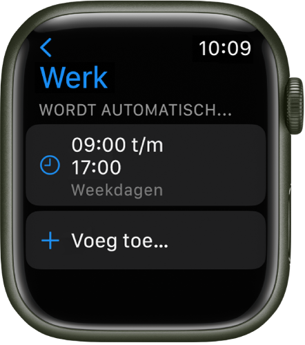 Het scherm voor de focus 'Werk' met een schema van 09:00 tot 17:00 uur op weekdagen. Daaronder bevindt zich de knop 'Voeg toe'.
