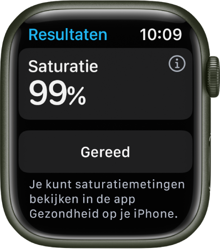 Het scherm met de uitslag van een saturatiemeting, met een saturatiewaarde van 99 procent. Onderin bevindt zich de knop 'Gereed'.