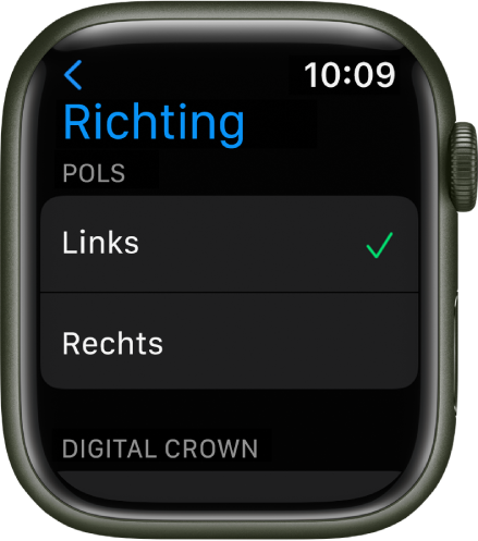 Het Draagpositie-scherm op de Apple Watch. Je kunt instellen om welke pols je de Apple Watch draagt en aan welke kant de Digital Crown zich bevindt.
