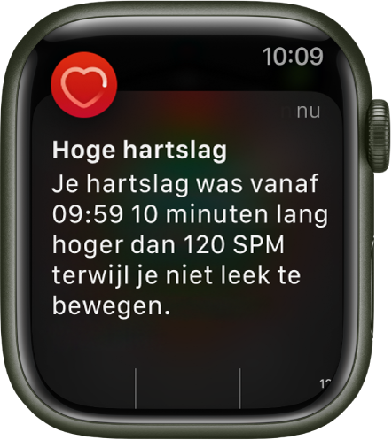 Het scherm 'Hoge hartslag' met een melding dat je hartslag boven de 120 slagen per minuut is gebleven terwijl je 10 minuten lang niet hebt bewogen.