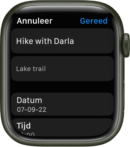 Het scherm in de Herinneringen-app op de Apple Watch waarin je herinneringen kunt wijzigen. Bovenin staat de naam van een herinnering, met daaronder een omschrijving. Onderin staan de datum en tijd waarop de herinnering zal worden weergegeven. Rechtsbovenin bevindt zich de knop 'Gereed'.