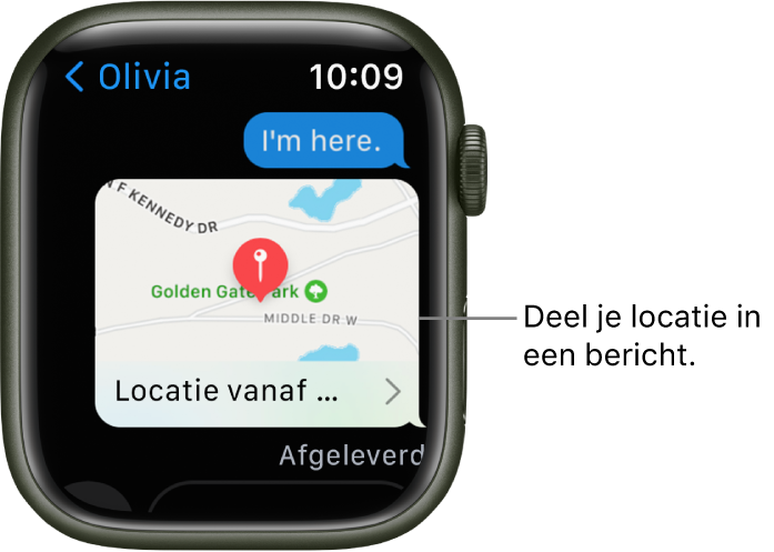 Berichten-scherm met een kaart waarop te zien is waar de afzender zich bevindt.