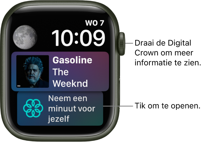 De wijzerplaat Siri met rechtsbovenin de datum en tijd. Linksbovenin bevindt zich een complicatie Maanstand. Daaronder een complicatie Muziek die het huidige nummer weergeeft. Onderin bevindt zich de complicatie Mindfulness.