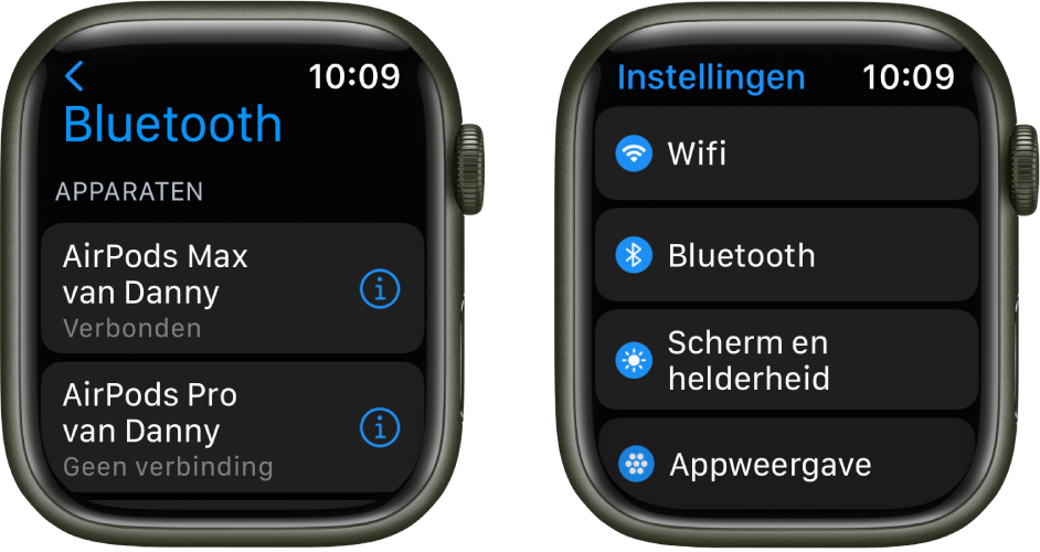 Twee schermen naast elkaar. Links zie je een scherm met twee beschikbare Bluetooth-apparaten: AirPods Max, die zijn verbonden, en AirPods Pro, die niet zijn verbonden. Rechts zie je het Instellingen-scherm met een lijst met de knoppen 'Wifi', 'Bluetooth', 'Scherm en helderheid' en 'Appweergave'.