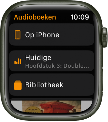 De Apple Watch met het Audioboeken-scherm, met bovenin de knop 'Op iPhone', daaronder de knoppen 'Huidige' en 'Bibliotheek', en onderin een deel van de kaftillustratie van een audioboek.