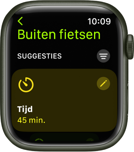 De Work-out-app, met een scherm voor het wijzigen van de work-out 'Buiten fietsen'. De tegel 'Tijd' staat in het midden en de knop 'Wijzig' staat rechtsboven in de tegel. De huidige tijd is ingesteld op 45 minuten.