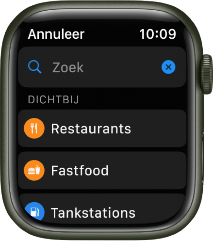 Het Zoek-scherm in de Kaarten-app met bovenin een zoekveld. Onder 'In de buurt' bevinden zich knoppen voor coronavaccinaties, restaurants en fastfood.