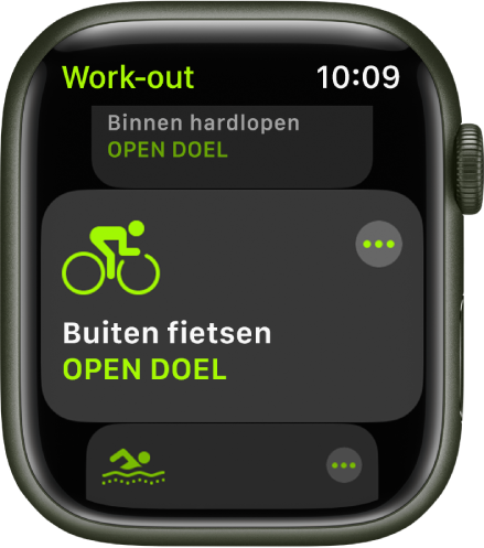 Het Work-out-scherm, met de work-out 'Buiten fietsen' geselecteerd.
