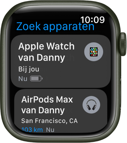 De app Zoek apparaten met twee apparaten: een Apple Watch en AirPods.