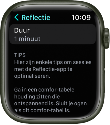 Het scherm van de Mindfulness-app met bovenaan een duur van één minuut. Daaronder staan tips om je sessie met de Reflectie-app te optimaliseren.