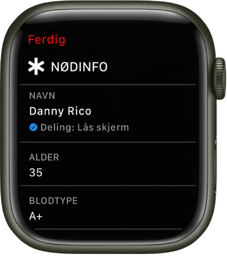 Nødinfo-skjermen på Apple Watch som viser brukerens navn, alder og blodtype. Det vises et hakemerke under navnet, som indikerer at Nødinfo deles på låst skjerm. En Ferdig-knapp vises øverst til venstre.