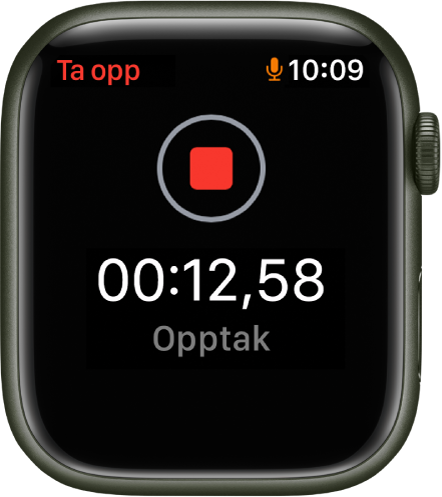 Taleopptak-appen som tar opp. En rød Stopp-knapp vises nær toppen. Under vises opptakets lengde, med ordet Opptak under.