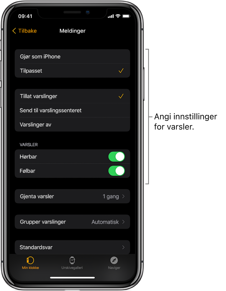 Meldinger-innstillinger i Apple Watch-appen på iPhone. Du kan velge om du vil vise varsler, slå på lyd, slå på følbar respons og gjenta varsler.