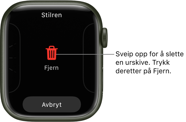 Apple Watch-skjermen som viser knappene Fjern og Avbryt, som vises etter at du har sveipet til en urskive og sveipet opp for å slette den.