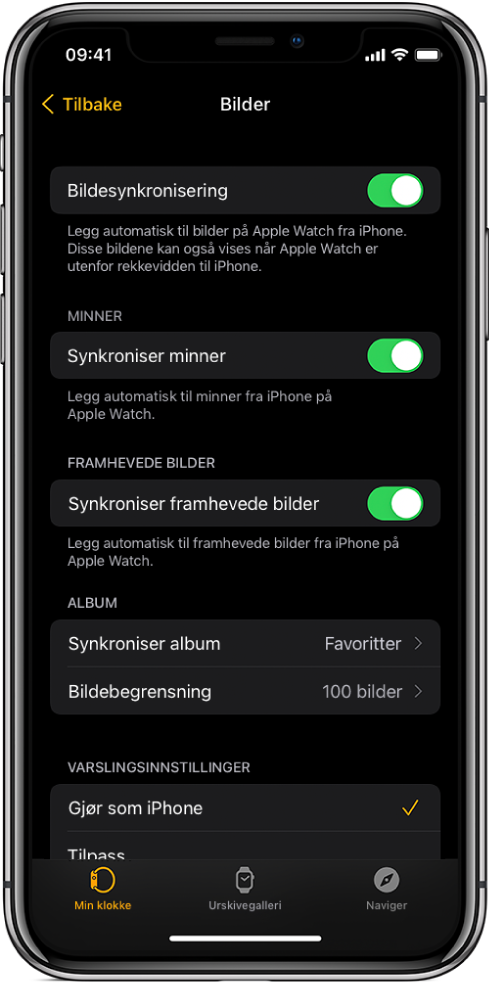 Bilder-innstillinger i Apple Watch-appen på iPhone, med Bildesynkronisering-innstillingen i midten og Bildebegrensning-innstillingen under.