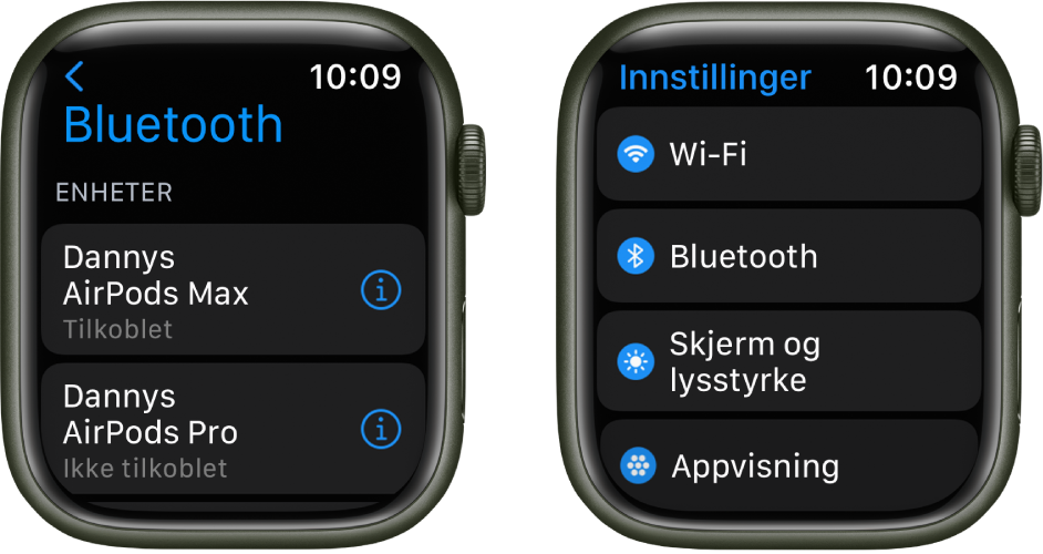 To skjermer ved siden av hverandre. Til venstre er det en skjerm som viser to tilgjengelige Bluetooth-enheter: AirPods Max, som er koblet til, og AirPods Pro, som ikke er koblet til. Til høyre er Innstillinger-skjermen som viser knappene Wi-Fi, Bluetooth, Skjerm og lysstyrke og Appvisning i en liste.